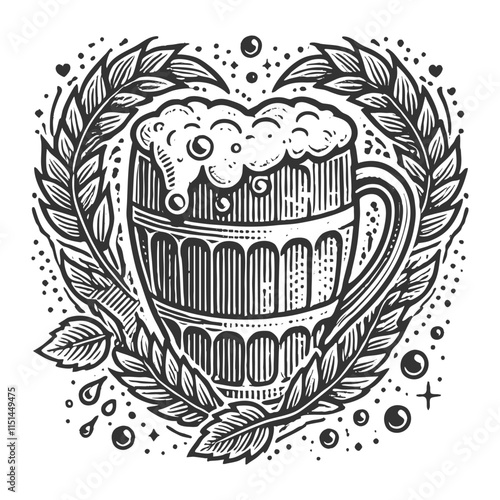 beer mug overflowing with foam, surrounded by hops and barley in a decorative wreath pattern sketch engraving generative ai vector illustration. Scratch board imitation. Black and white image.