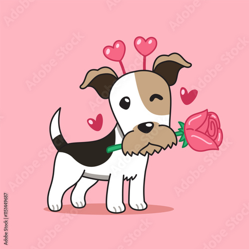 Cartoon vector character wire fox terrier dog with rose in mouth for valentine's day work. photo