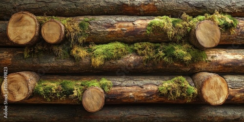 A textured wall of thick wooden logs adorned with moss, the wooden logs create a rustic charm, showcasing the beauty of nature. This wooden logs wall highlights the richness of organic textures. photo