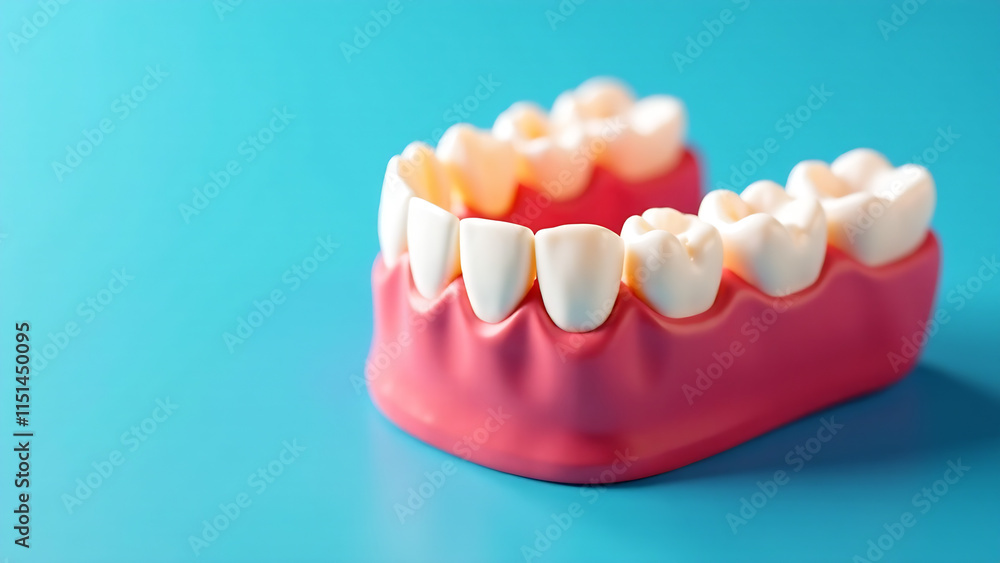 Obraz premium A detailed view of dentures on a blue background highlighting dental care, dentist clinic advertisement with copy space new image