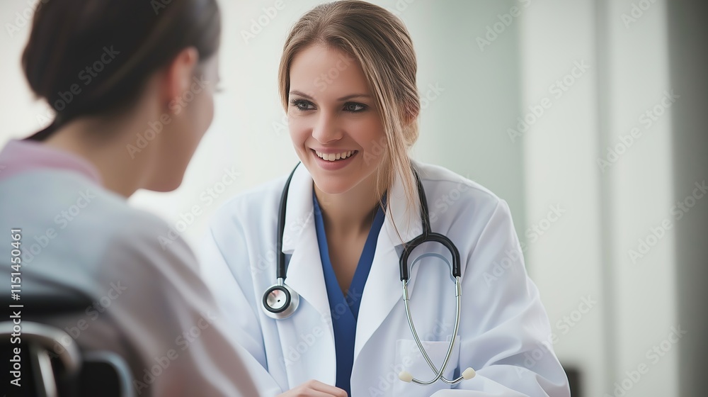 Smiling doctor looking at a patient on a wheelchair Smiling doctor looking at a patient on a wheelchair