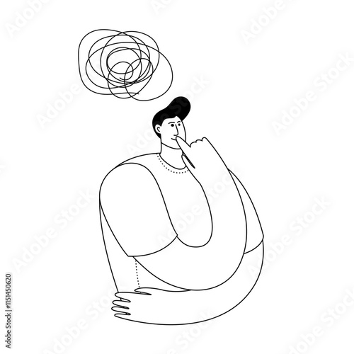 Pensive man deep in his thoughts. Vector illustration on the topic of psychological help in life.