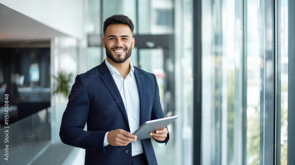 Confident businessman holding a tablet in a modern office Confident businessman holding a tablet in a modern office