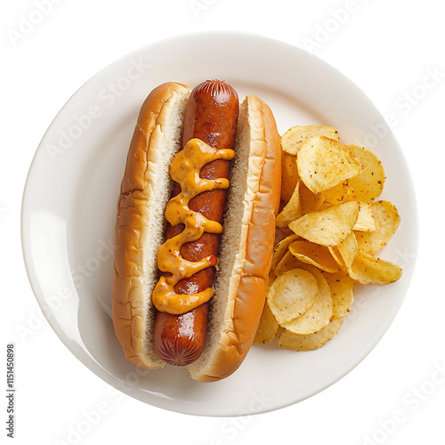 Close up view of a classic American style hot dog with potato chips on a white plate photo