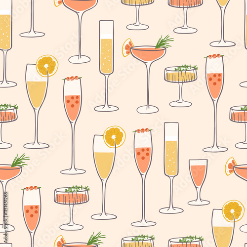 Hand drawn different types of cocktails seamless pattern