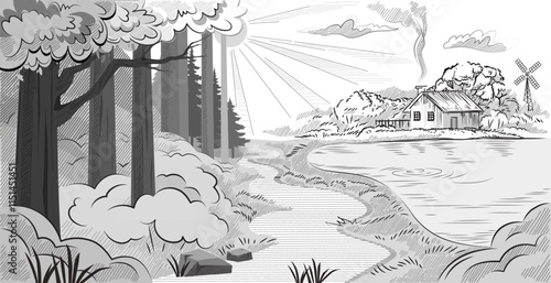 Monochrome vector illustration of a rural landscape with a house, windmill, forest, river, and sunlight. Concept of countryside, nature, simplicity, and peaceful living