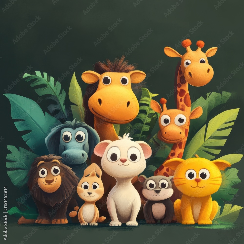 Naklejka premium Adorable Cartoon Animals Posing Together In Jungle Foliage
