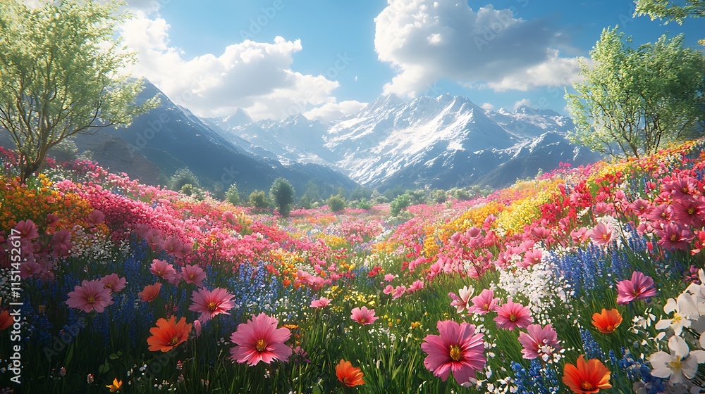 Vibrant Wildflower Meadow Before Majestic Snowcapped Mountains Vibrant Wildflower Meadow Before Majestic Snowcapped Mountains
