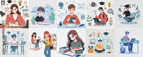 Vector set of a teenager learning new things with a simple flat design style