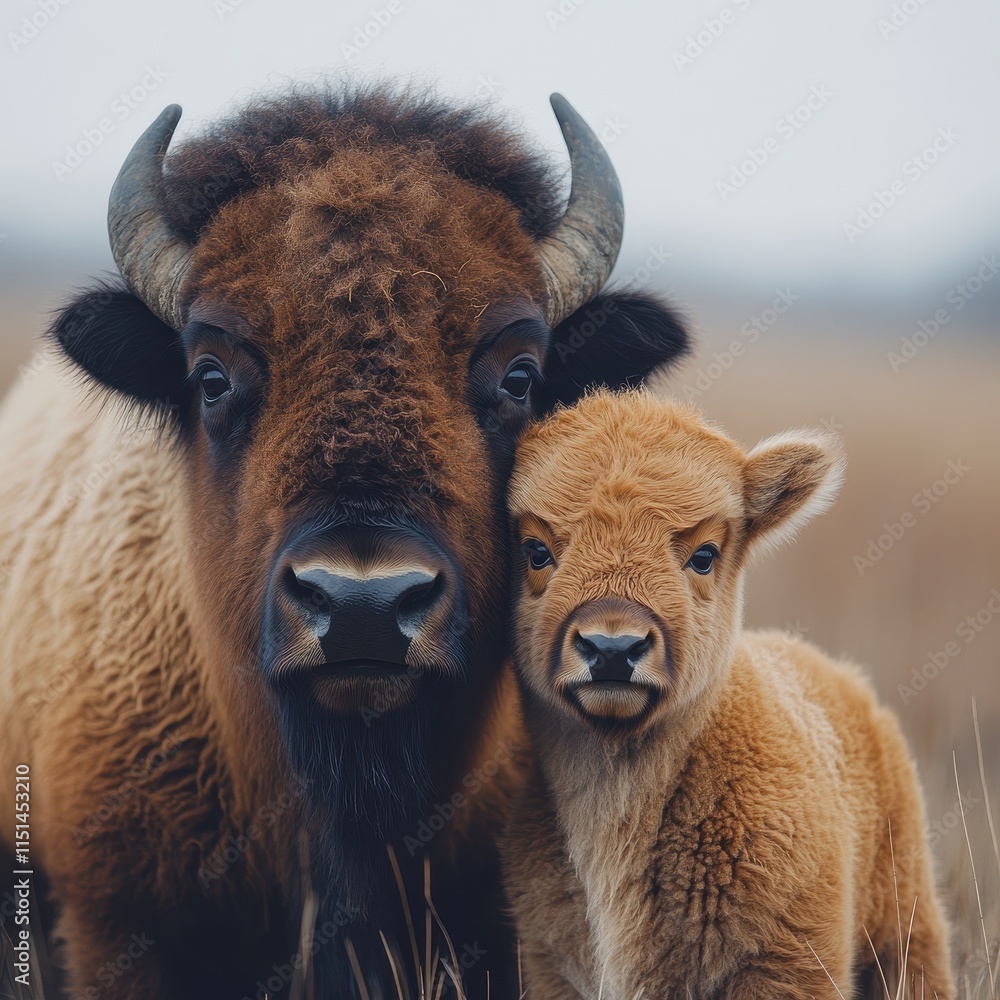 Young bison calf standing beside its mother in a peaceful prairie Young bison calf standing beside its mother in a peaceful prairie