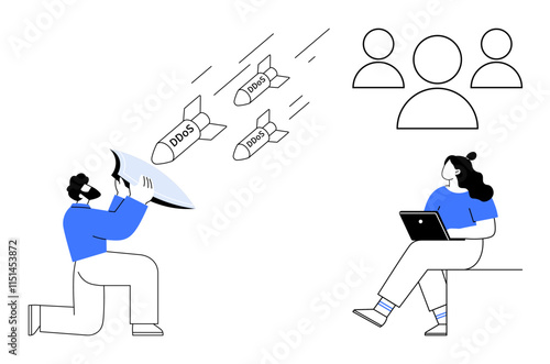 Cybersecurity expert deflecting DDOS attacks with a megaphone while an individual uses a laptop. Ideal for cybersecurity, technology, IT protection, network safety, online threats, digital security