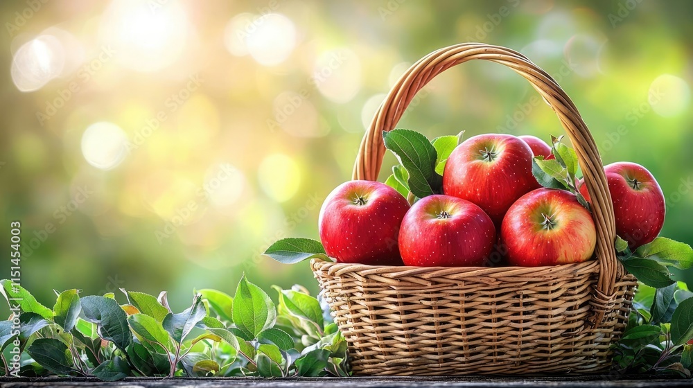 Apples produce idea. Fresh apples in a wicker basket, surrounded by lush greenery and warm sunlight. Apples produce idea. Fresh apples in a wicker basket, surrounded by lush greenery and warm sunlight.