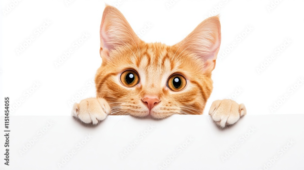 Adorable orange kitten peeking over blank white sign, isolated on transparent background, playful feline with curious expression