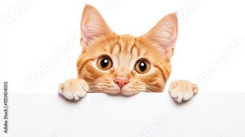 Adorable orange kitten peeking over blank white sign, isolated on transparent background, playful feline with curious expression photo