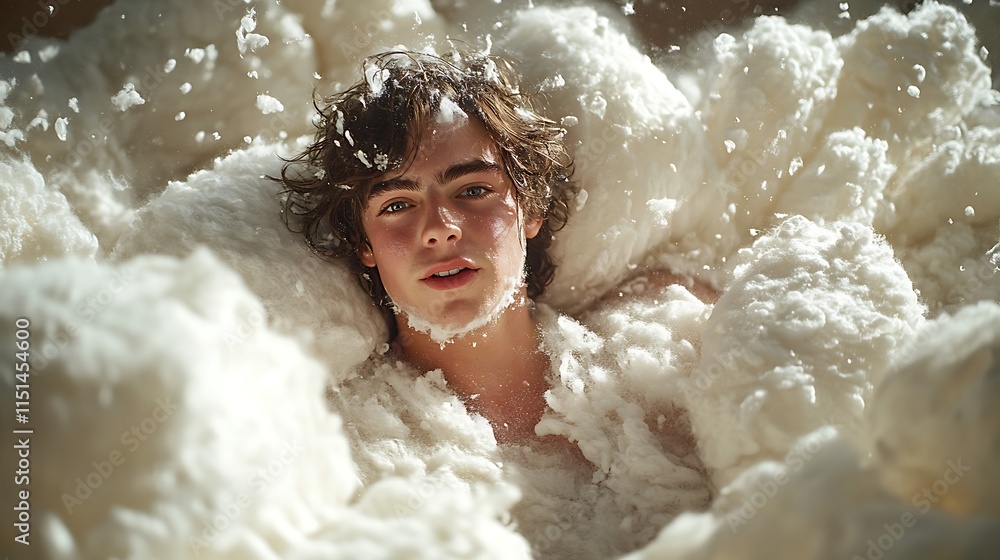 Obraz premium Young Man Immersed In A Cloud Of White Foam
