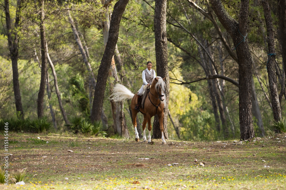 Young woman dressed as a horsewoman, trotting with her beautiful brown horse with white mane, in the middle of a forest. Concept animals, horse riding, equestrian, horse. Young woman dressed as a horsewoman, trotting with her beautiful brown horse with white mane, in the middle of a forest. Concept animals, horse riding, equestrian, horse.