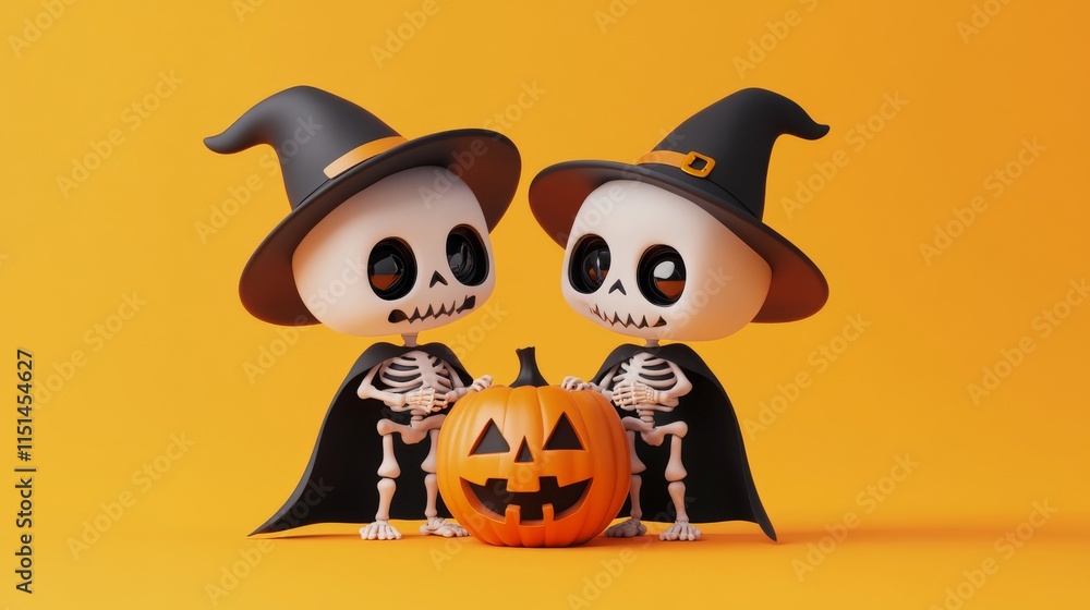 Two Cute Skeletons Present Halloween Pumpkin on Orange Background. Two Cute Skeletons Present Halloween Pumpkin on Orange Background.