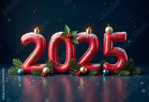 Glowing neon numbers 2025, Christmas ornaments, pine branches, fairy lights, festive decorations, dark background, reflective surface, holiday atmosphere, 3D render, high contrast, vibrant colors, pho