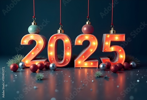 Glowing neon numbers 2025, Christmas ornaments, pine branches, fairy lights, festive decorations, dark background, reflective surface, holiday atmosphere, 3D render, high contrast, vibrant colors, pho
