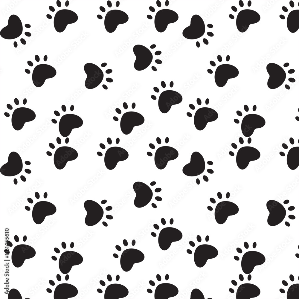 Fototapeta premium Cute paw seamless pattern. Repeating cartoon black dog or cat on white background. vector illustration