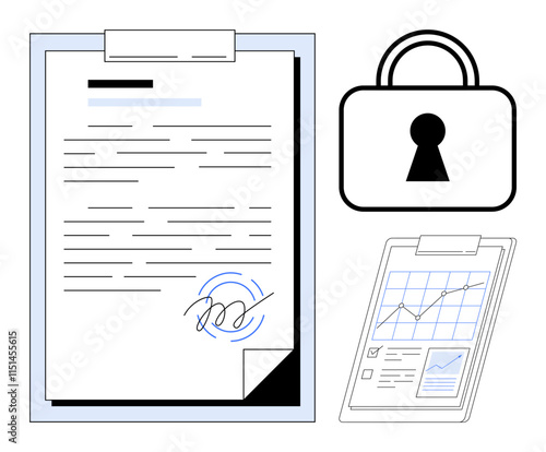 Document with signature, padlock icon symbolizing security, and data report with charts and graphs. Ideal for digital contracts, data protection, cybersecurity, e-signature, online privacy, business