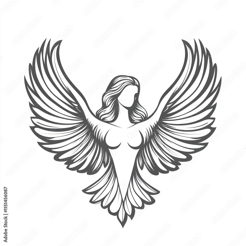 Obraz premium Woman with large wings, line art illustration.