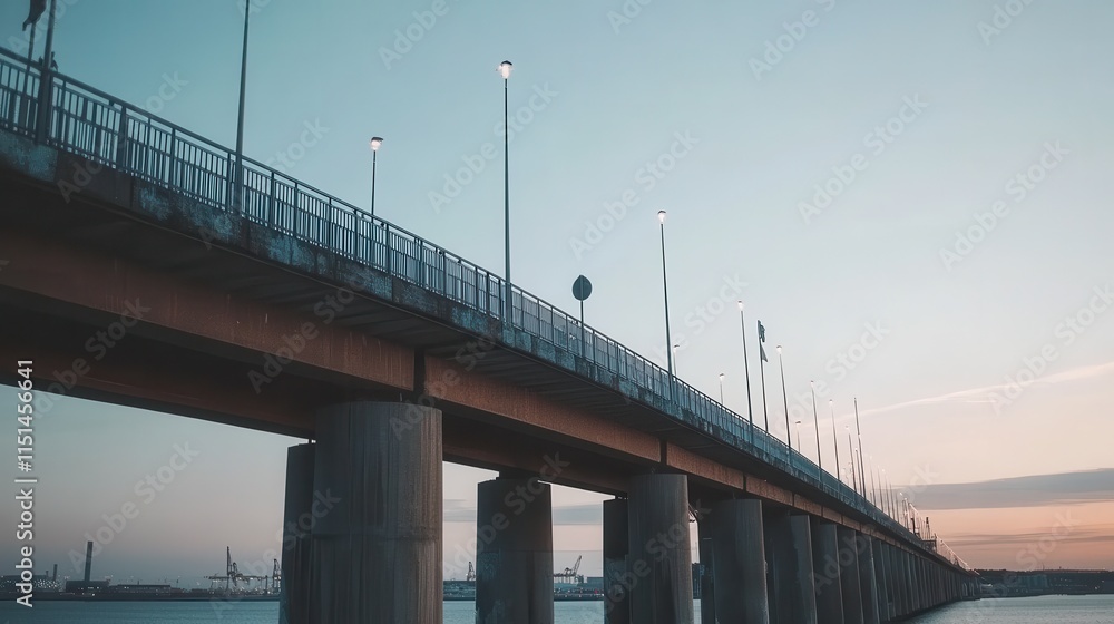 Long bridge at sunset with lights and railings Long bridge at sunset with lights and railings