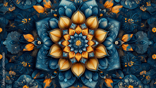 Intricate Blue and Gold Mandala Ornate Floral Design Artistic Background