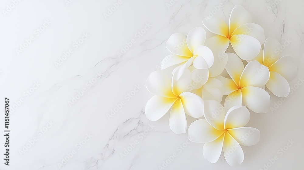 Fototapeta premium elegant white frangipani flower on a smooth white surface, showcasing serene floral beauty