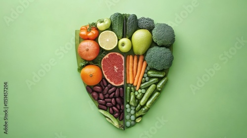 Fototapeta Naklejka Na Ścianę i Meble -  Vibrant Shield of Health: A Colorful Arrangement of Fresh Fruits and Vegetables Promoting Healthy Eating