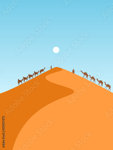 Camel caravan goes on desert dunes. Vector illustration. Sketch for creativity.