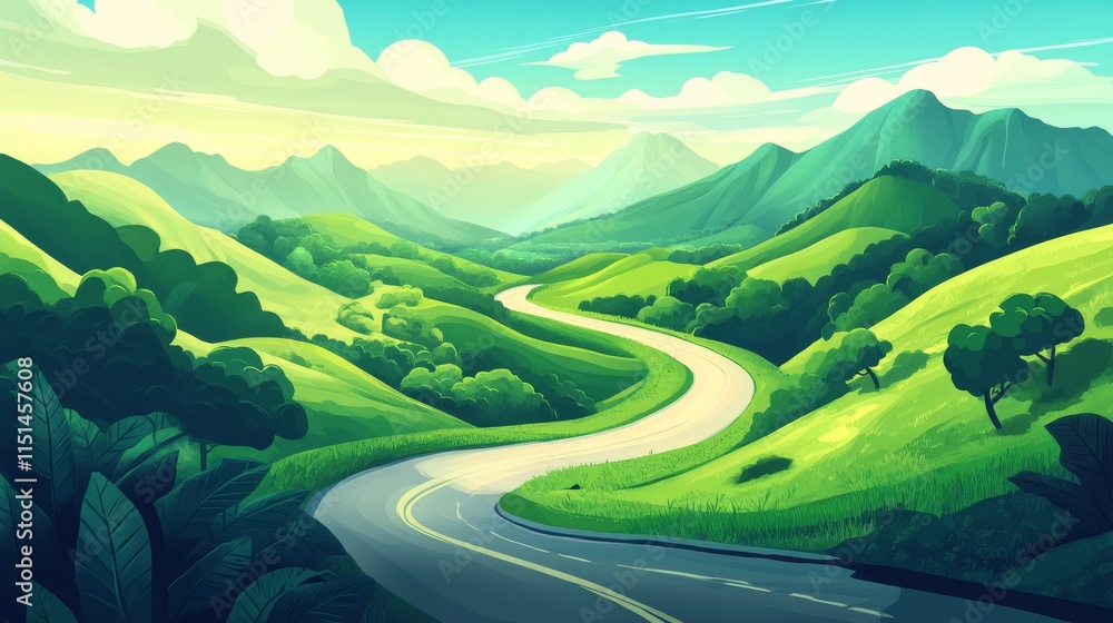 Winding Road Curves Through Lush Green Mountains and Valleys.. Winding Road Curves Through Lush Green Mountains and Valleys..