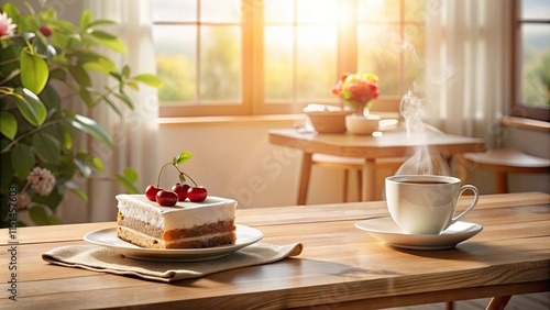Wallpaper Mural A delightful slice of cake adorned with cherries, accompanied by a steaming cup of coffee, rests on a sunlit wooden table. Torontodigital.ca