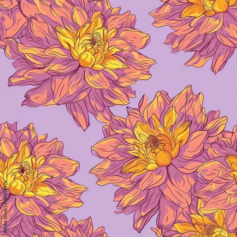 seamless pattern hand drawn dahlia flower illustration botanical red yellow on soft purple background seamless pattern hand drawn dahlia flower illustration botanical red yellow on soft purple background