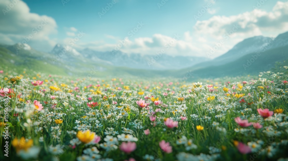 Vibrant wildflowers bloom in a mountain meadow under a bright sky. Vibrant wildflowers bloom in a mountain meadow under a bright sky.