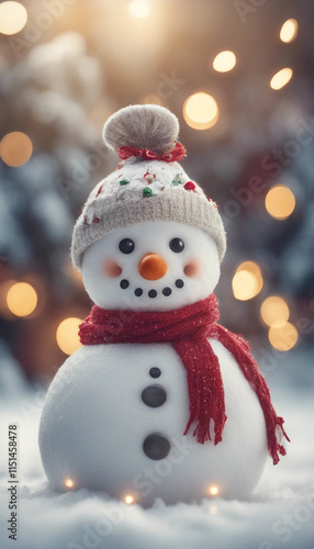 A cheerful snowman adorned with festive Christmas decorations in a snowy landscape capturing the hol photo