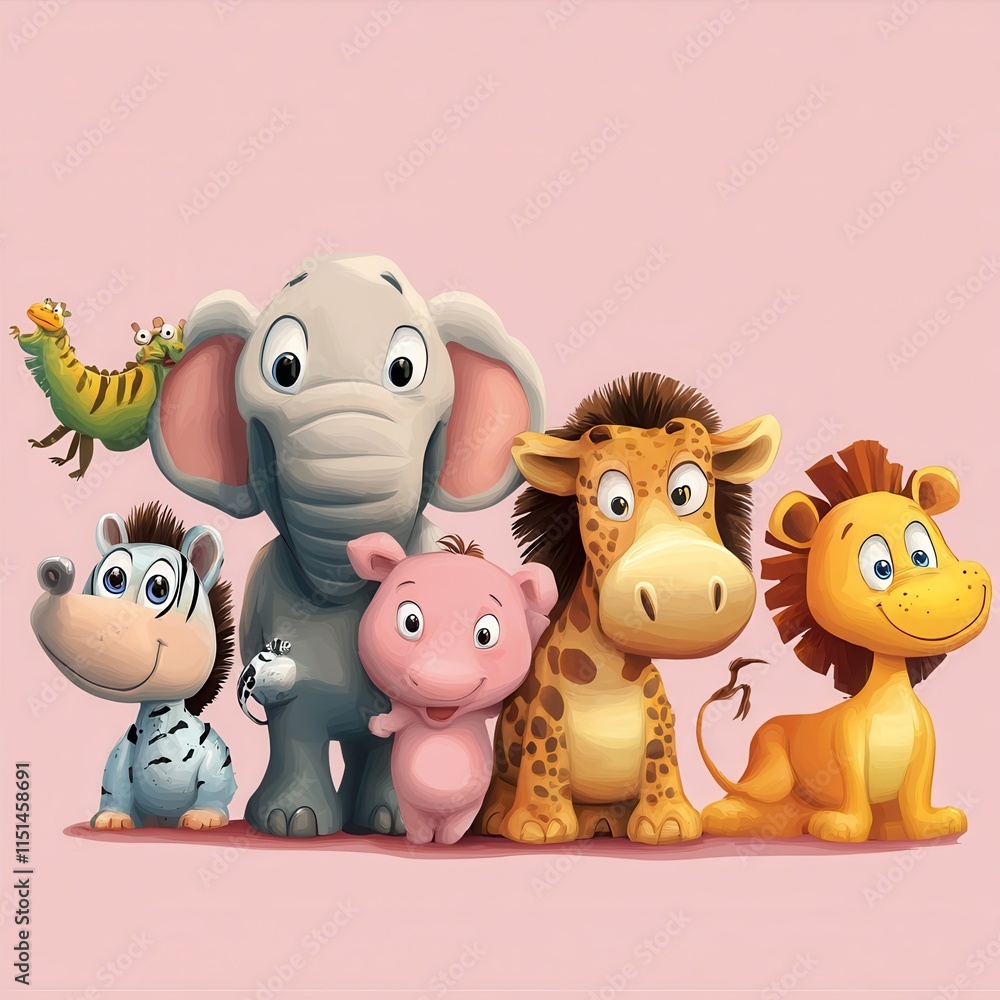 Naklejka premium Adorable Cartoon Animals Together In A Row