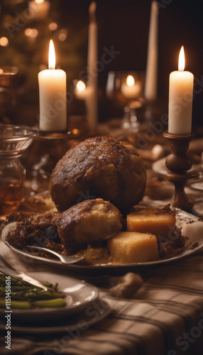 A festive Burns Night table elegantly set with traditional Scottish fare like haggis neeps and tatti photo