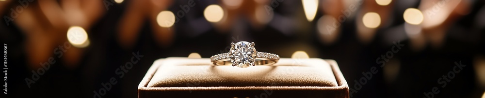 Close-up of an elegant diamond engagement ring on a display, surrounded by blurred romantic lights. Close-up of an elegant diamond engagement ring on a display, surrounded by blurred romantic lights.