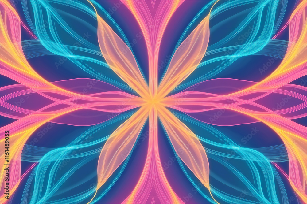 Colorful symmetrical abstract pattern with vibrant swirling shapes on a deep blue background. Ideal for modern design projects or art compositions. Colorful symmetrical abstract pattern with vibrant swirling shapes on a deep blue background. Ideal for modern design projects or art compositions.
