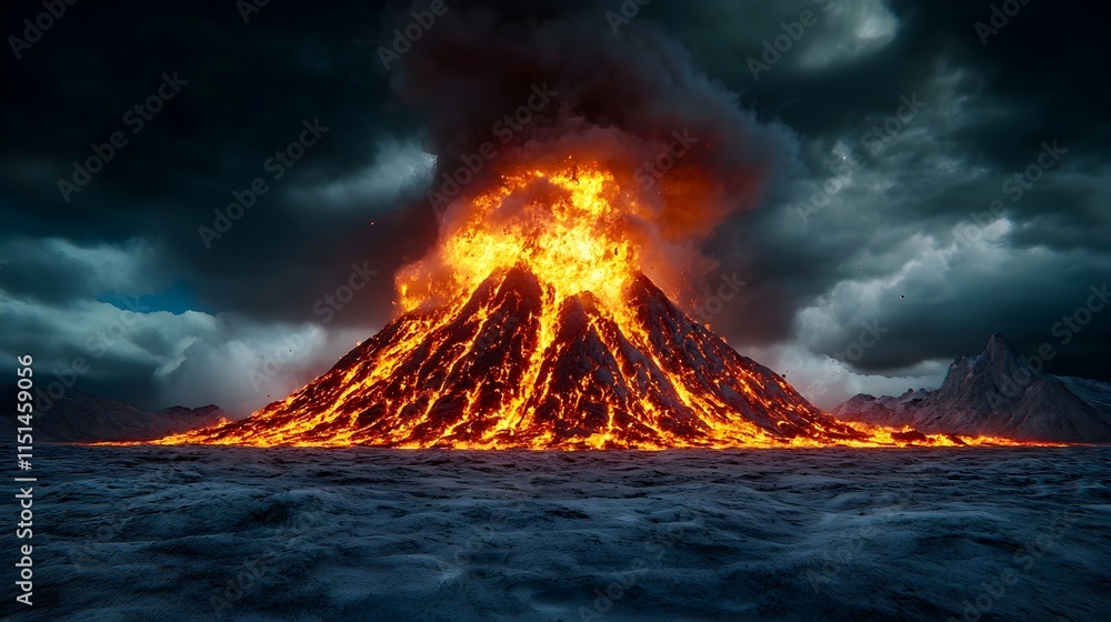 Fototapeta premium Erupting Volcano with Lava Flowing and Dark Stormy Clouds Above