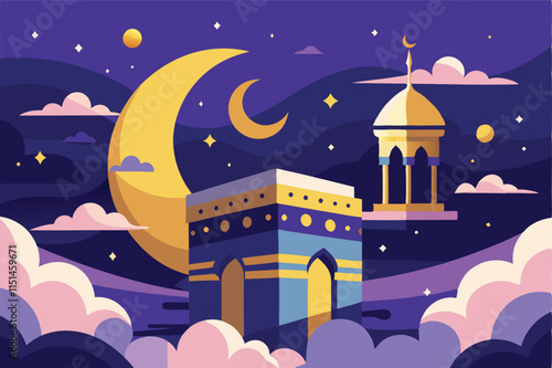 Modern vector design depicting a mosque with a crescent moon and star under a night sky filled with clouds, mountains, and a serene atmosphere