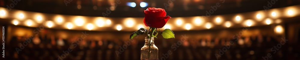Obraz premium A vibrant red rose in a glass vase stands elegantly on a stage, set against blurred lights and audience.