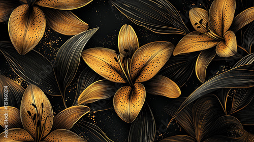 Luxury Gold Lilies Black Background Floral Design Art Print