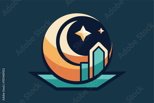 Creative vector illustration depicting a nighttime cityscape with a crescent moon and glowing stars above unique architectural designs