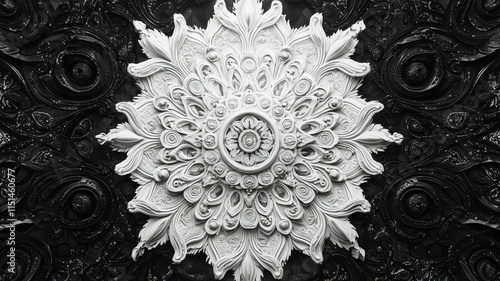 Intricate White Ornament Black Background Mandala Design Decorative Relief 3D Art photo