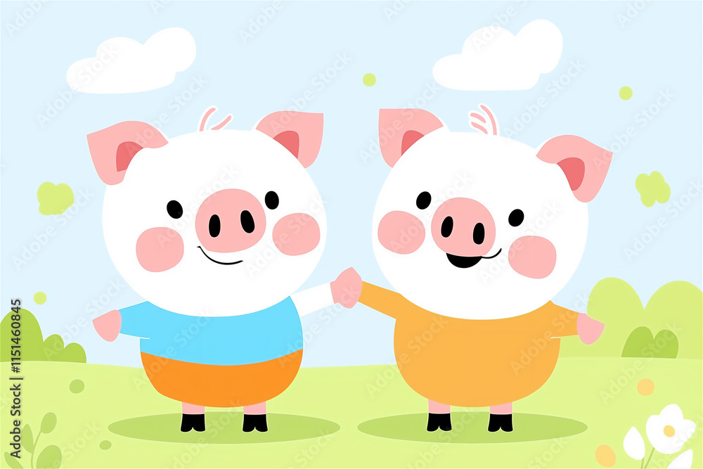 Two cartoon piglets standing in a grassy field on a sunny day. The playful and colorful scene is perfect for children’s content and storytelling. Two cartoon piglets standing in a grassy field on a sunny day. The playful and colorful scene is perfect for children’s content and storytelling.