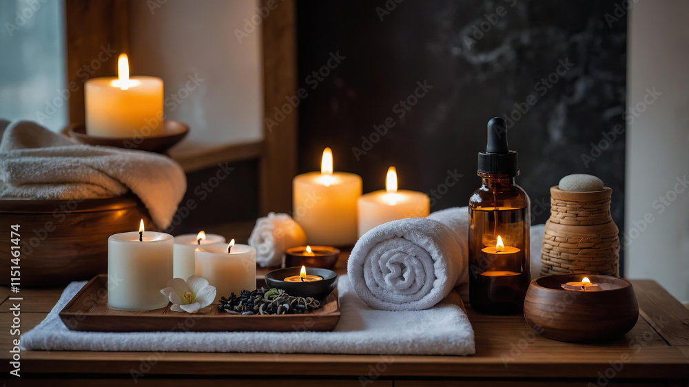 Peaceful candlelit spa setting with aromatherapy elements in dark ambient room Peaceful candlelit spa setting with aromatherapy elements in dark ambient room