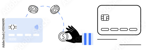 Credit cards with chip and contactless symbols, hand throwing coins. Ideal for finance, banking, e-commerce, digital wallets, transactions, online payments money management themes. Line metaphor