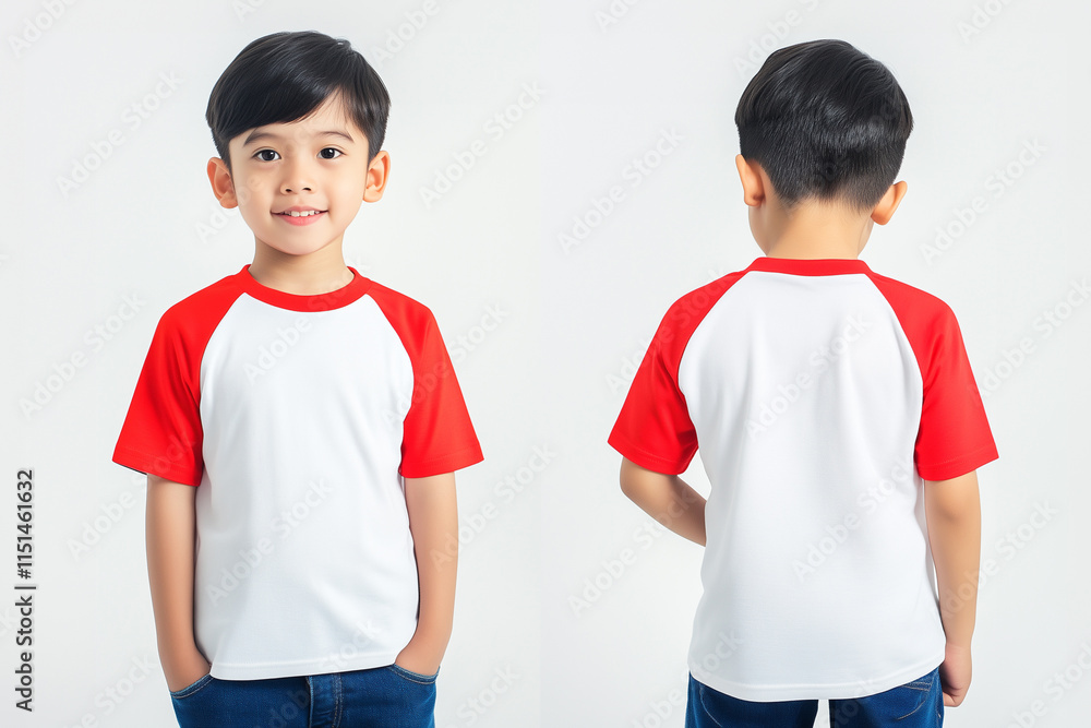 boy wearing a white and red short-sleeve raglan t-shirt mockup front and back used as design template